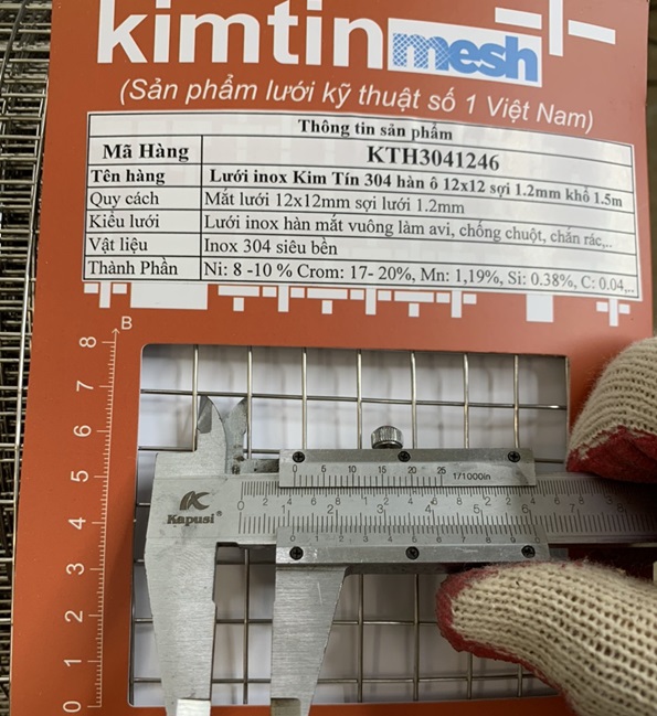 Lưới inox Kim Tín 304 hàn ô 12x12mm sợi 1.2mm khổ 1.5m