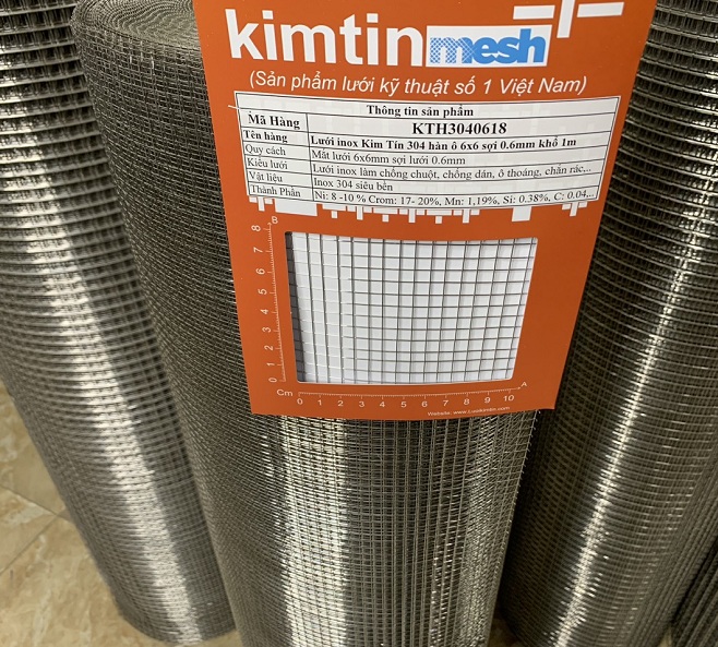 Lưới inox Kim Tín 304 hàn ô 6x6mm sợi 0.6mm khổ 1m